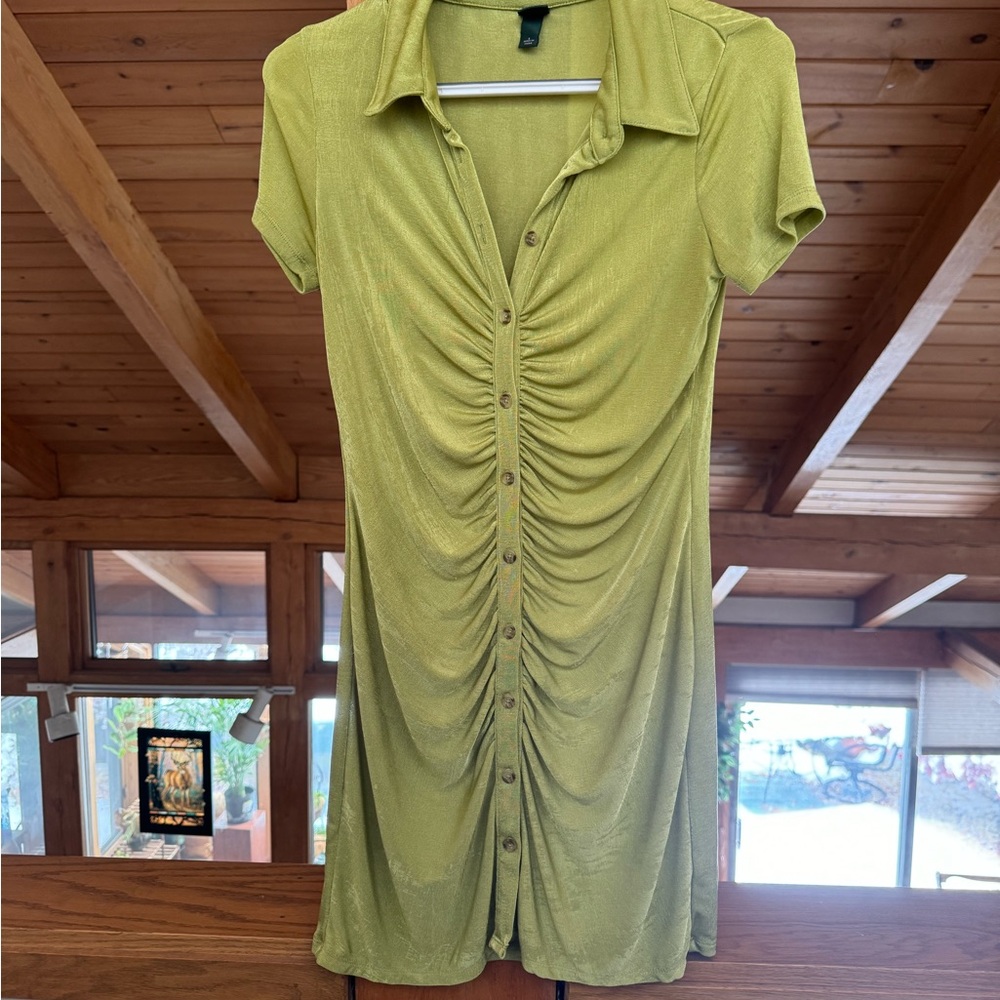 Green Ruched Button-Down Dress